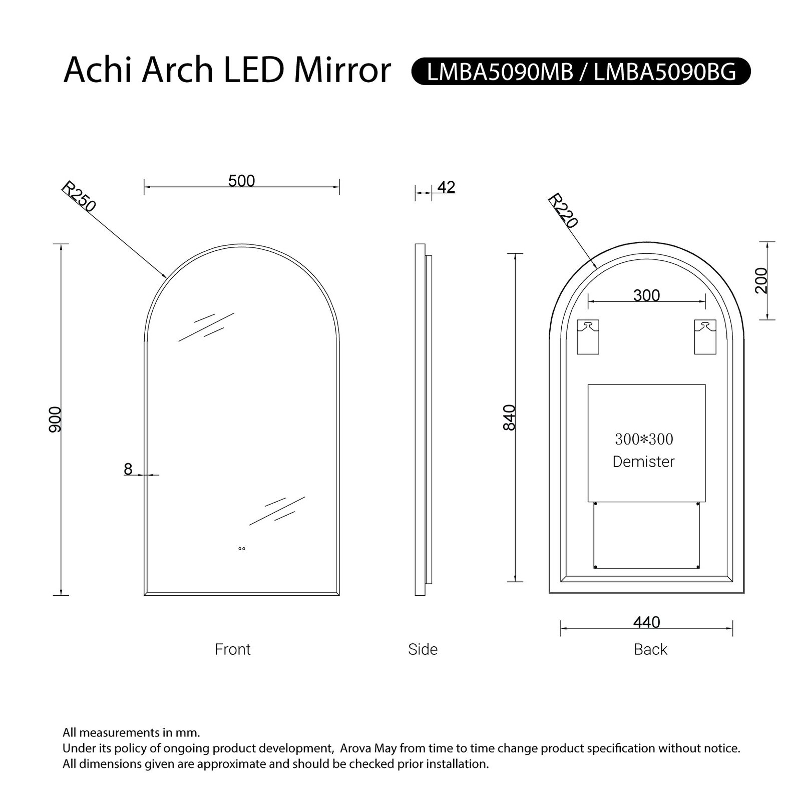Achi Black Frame Arch Touchless Led Bathroom Mirror Anti-Fog Dimmable - Image 6