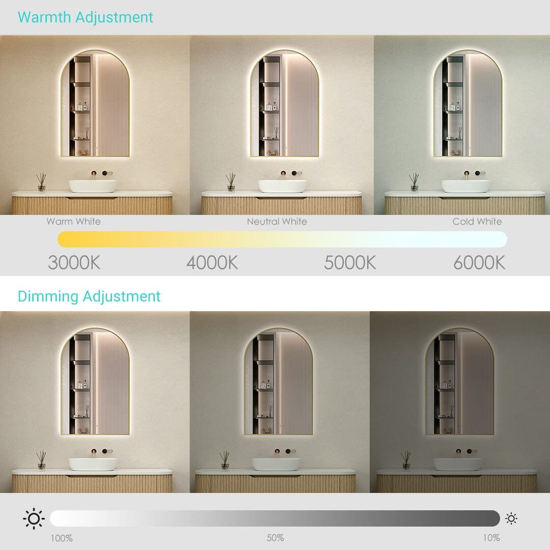 Achi Gold Frame Arch Touchless Led Bathroom Mirror Anti-Fog Dimmable - Image 5