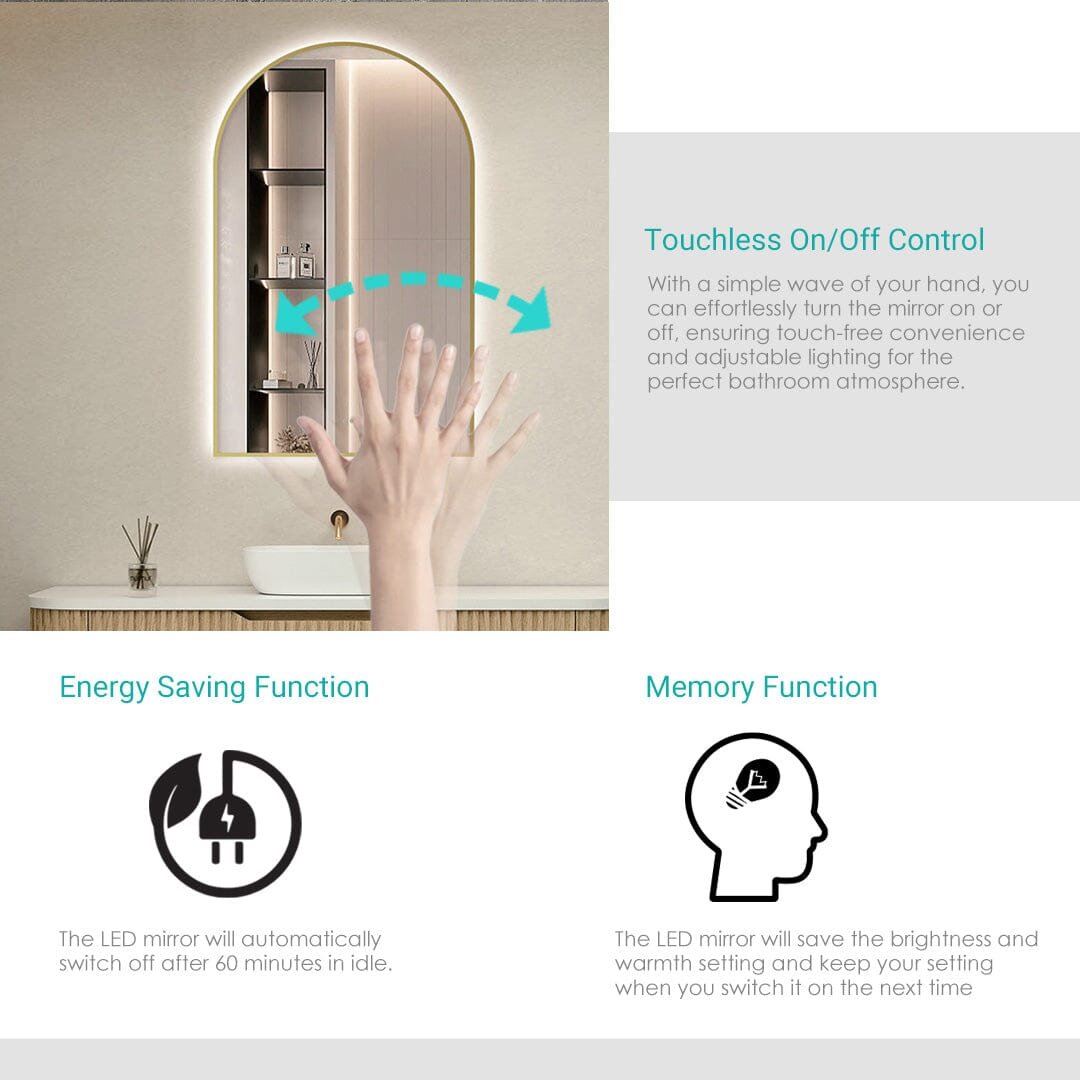 Achi Gold Frame Arch Touchless Led Bathroom Mirror Anti-Fog Dimmable - Image 4