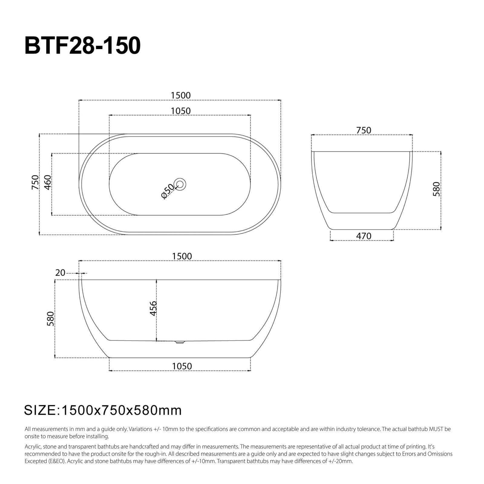 Ciao 1500mm Oval Free Standing Acrylic Bathtub Gloss White - Image 5