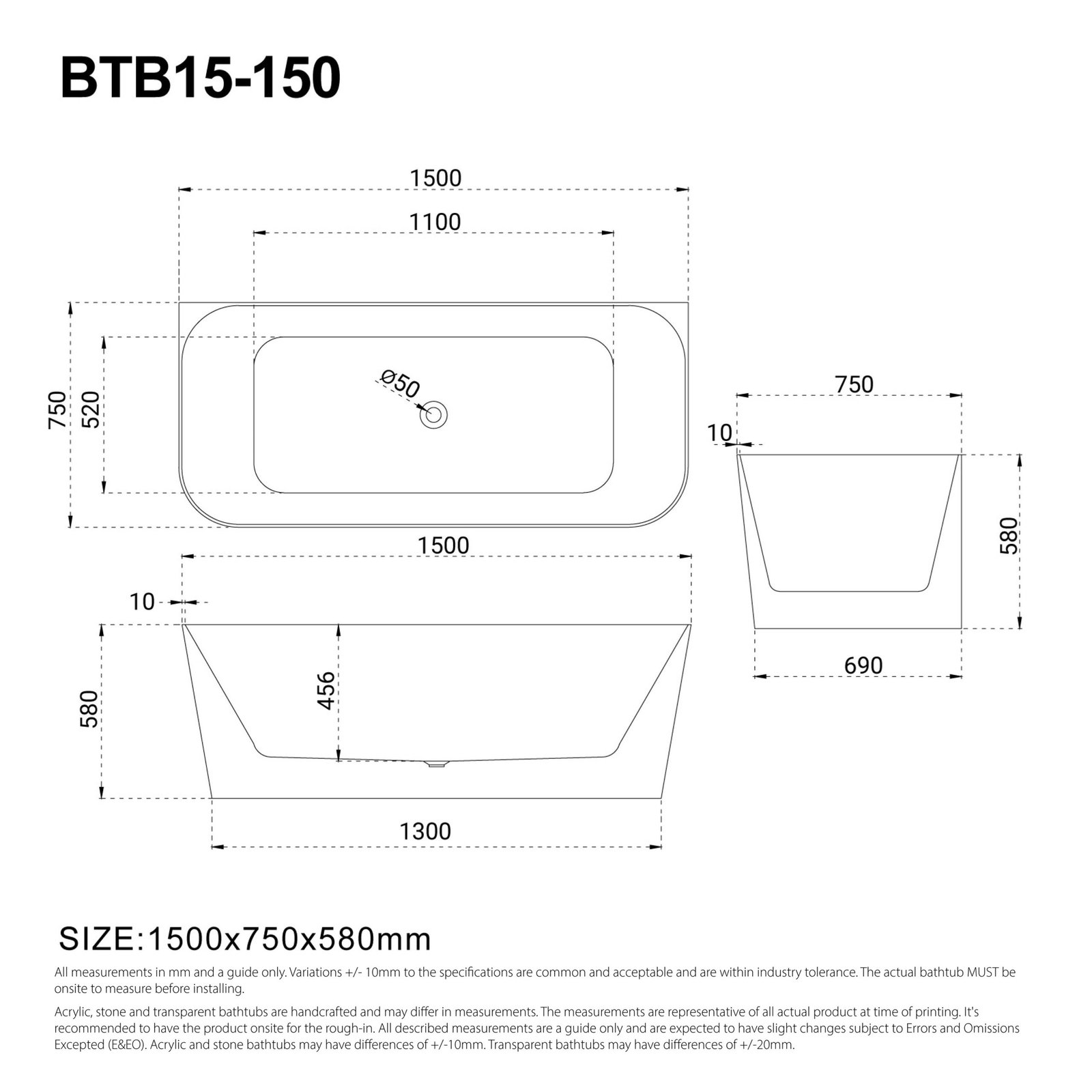 CLIO 1500mm Back to Wall Free Standing Bath Gloss White - Image 4