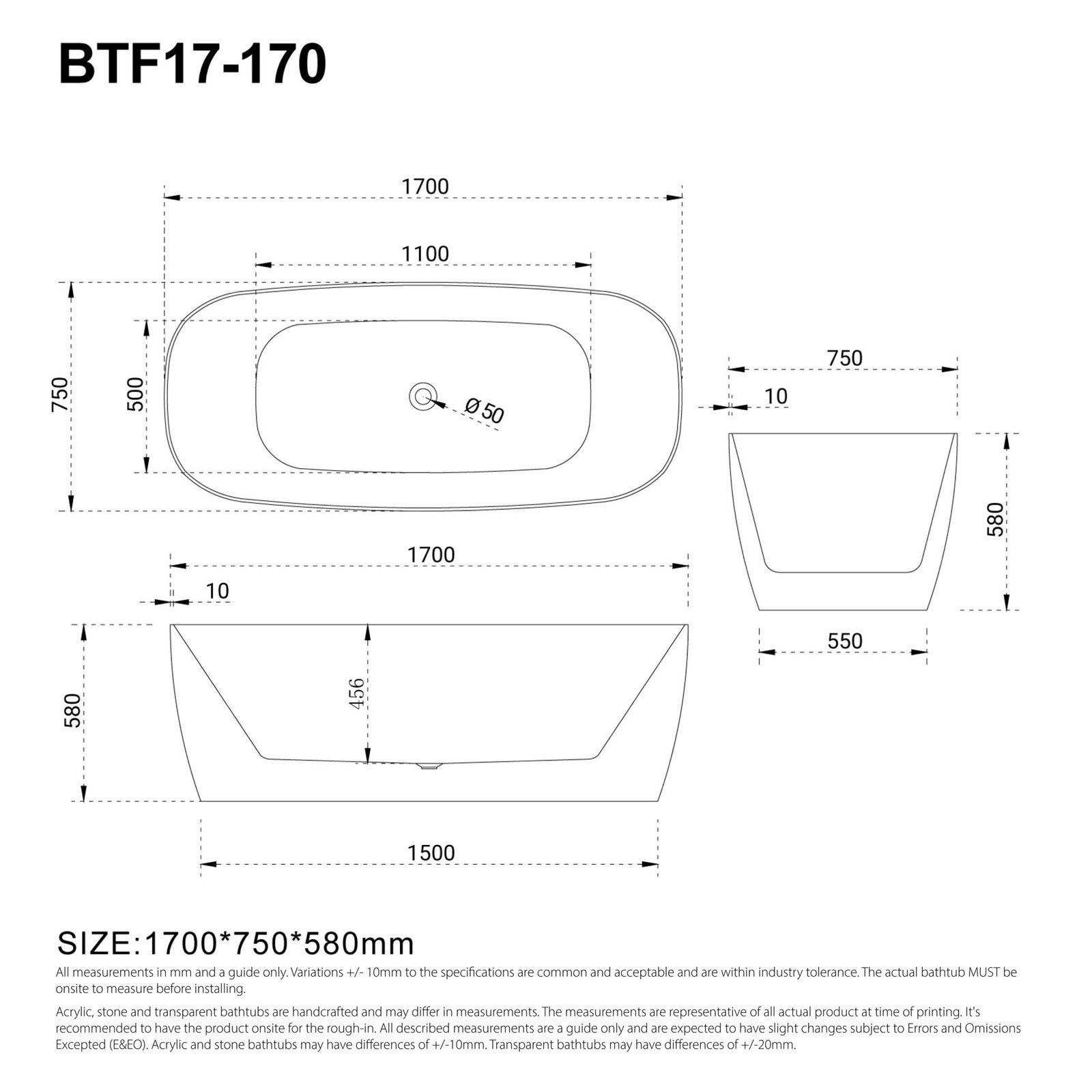 Clearance - DANA 1700mm Oval Freestanding Bathtub Gloss White - Image 6