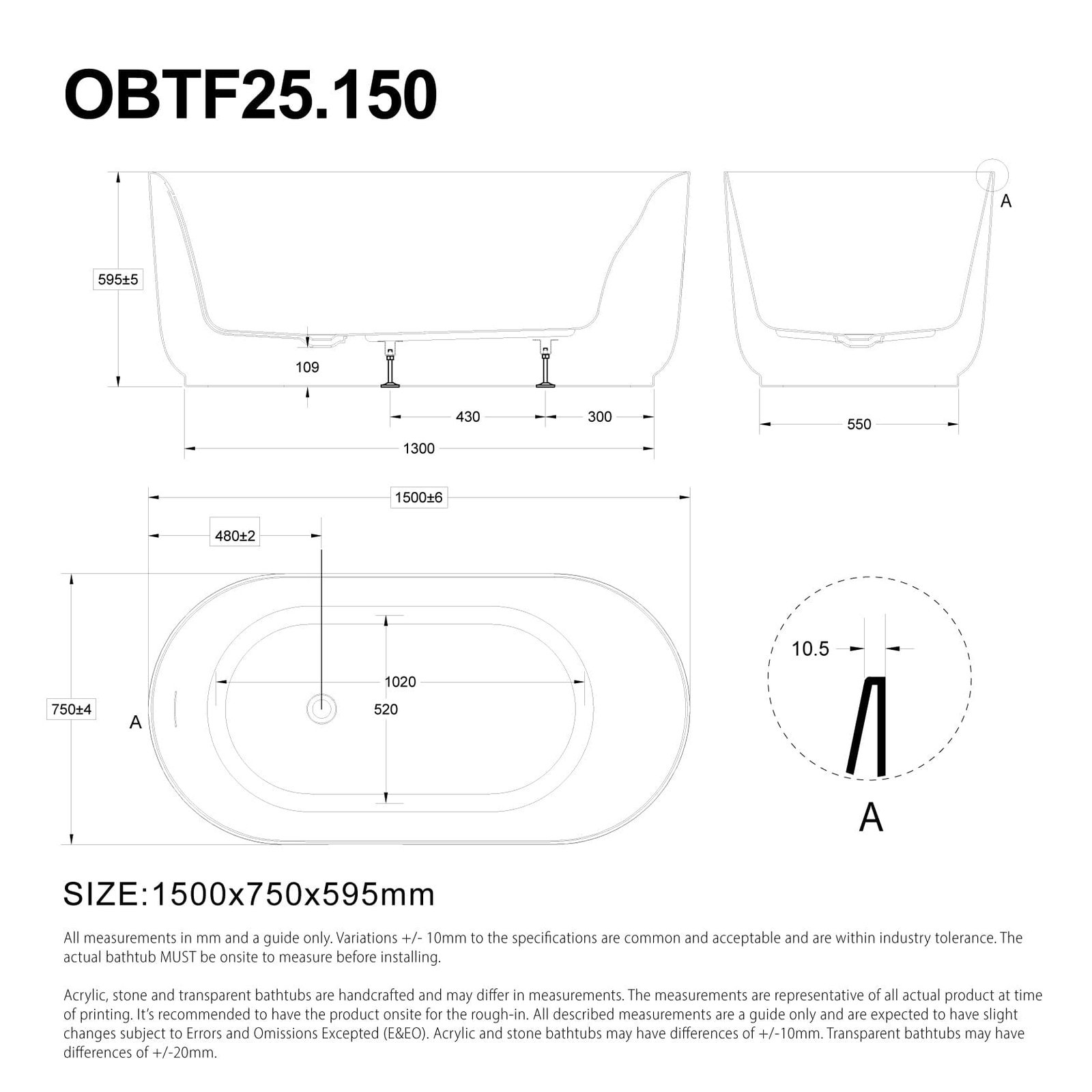 Nola 1500mm Ergonomic Freestanding Bath with Overflow Gloss White - Image 13