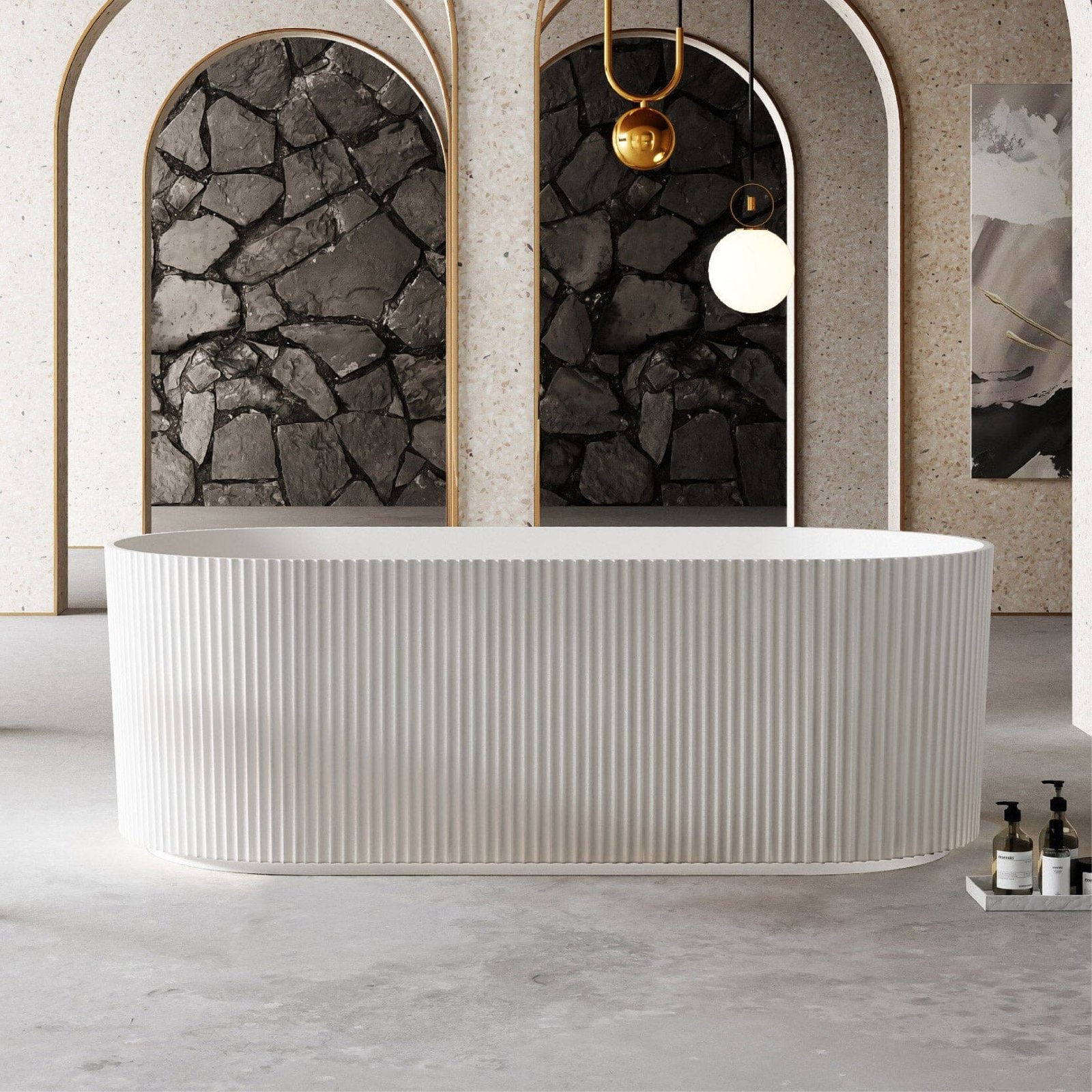 Clearance - OPAL 1500mm V-Groove Fluted Oval Free Standing Bathtub Matte White - Image 2