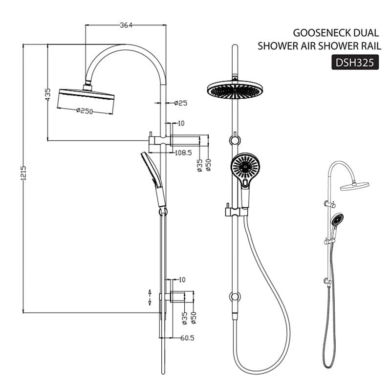 ORIO Round Gooseneck Dual Shower Air Shower Rail Matte Black - Image 2