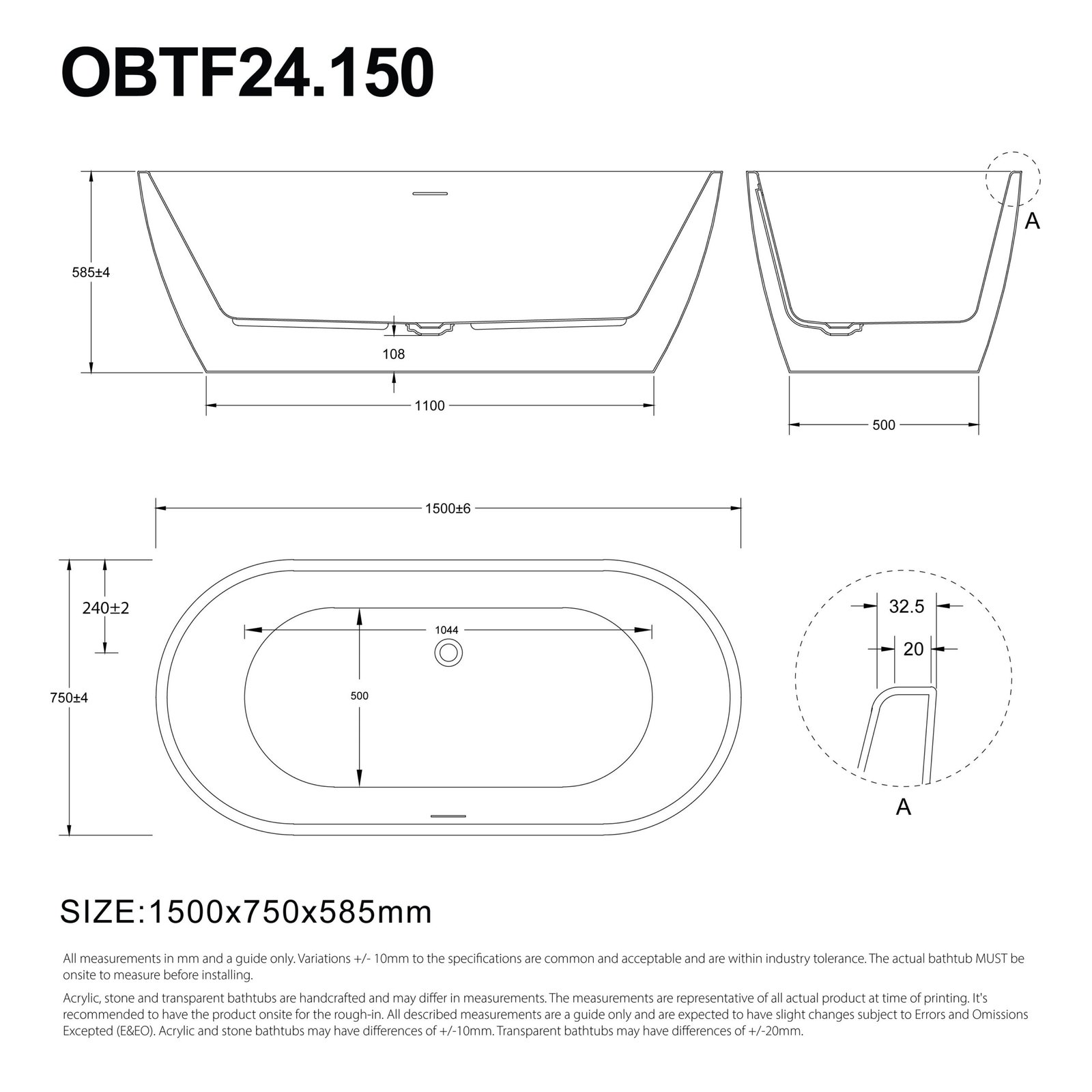 Sera 1500mm Freestanding Bath with Overflow Gloss White - Image 9