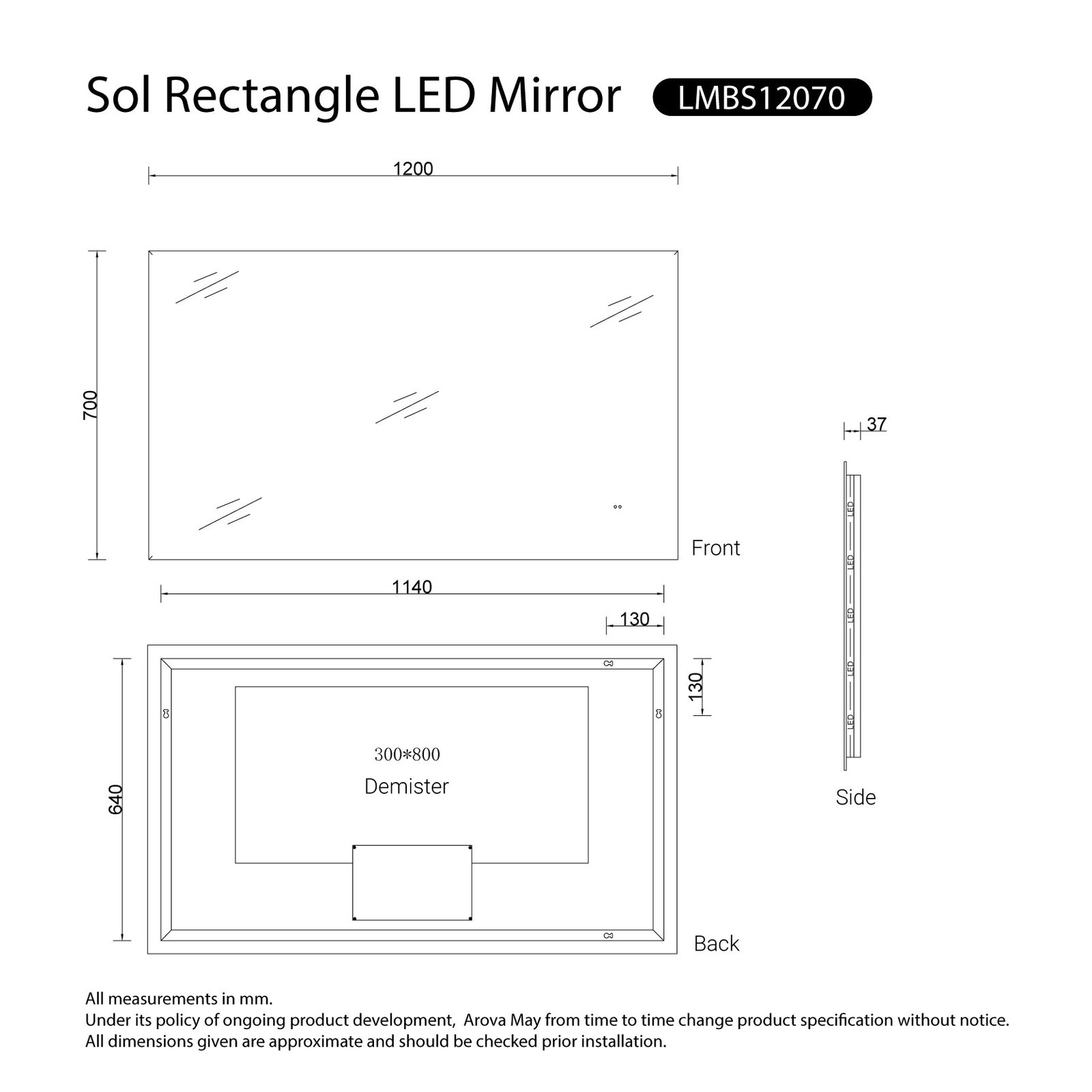 Sol Frameless 1200mmx700mm Anti-Fog Dimmable Touchless Led Bathroom Mirror Rectangular - Image 5