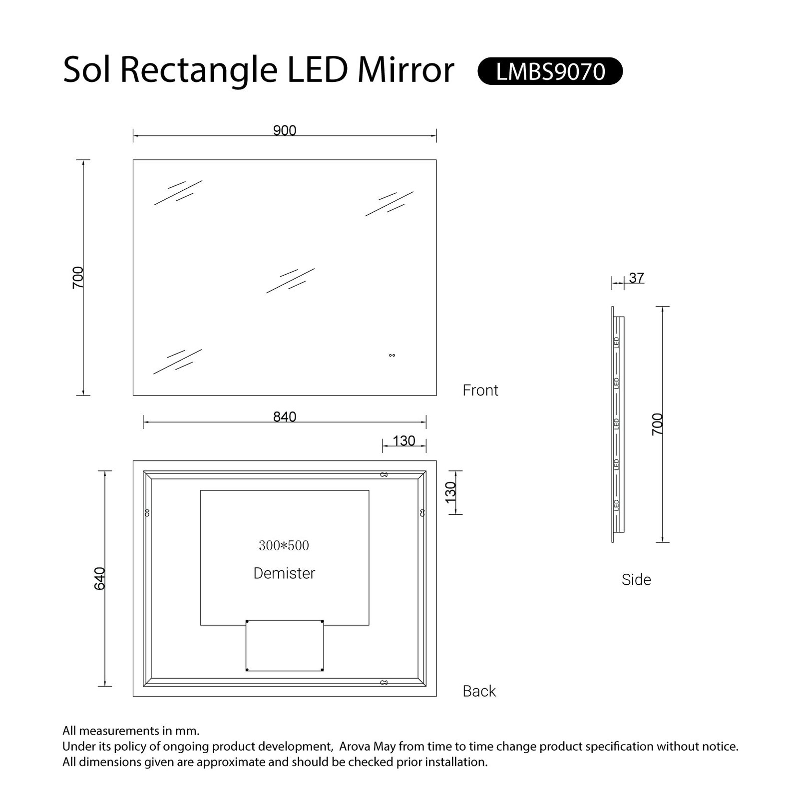 Sol Frameless 900mmx700mm Anti-Fog Dimmable Touchless Led Bathroom Mirror Rectangular - Image 5