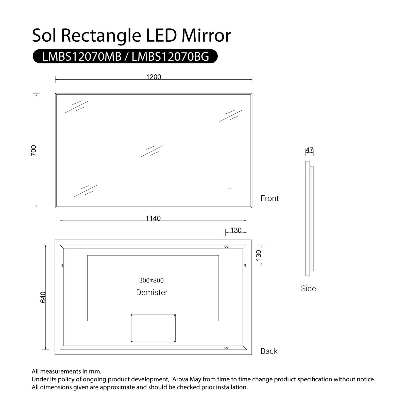 Sol Gold Frame 1200mmx700mm Anti-Fog Dimmable Touchless Led Bathroom Mirror Rectangular - Image 5