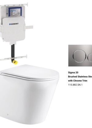 Yara58 Rimless Tornado Floor Mount Toilet + Geberit Stainless Steel Button Package